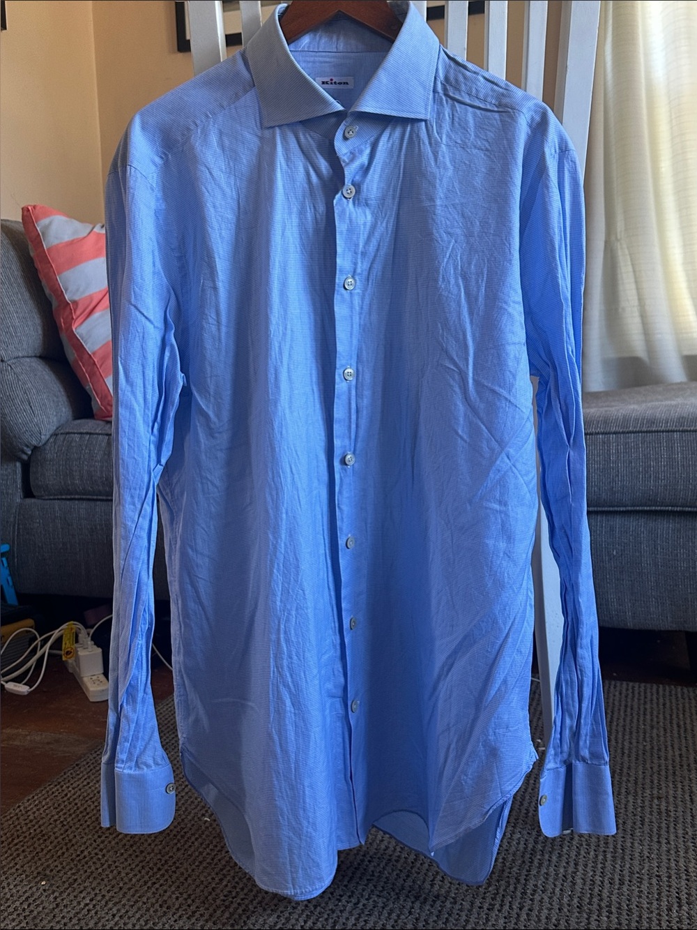 Kiton Micro check Light Blue Spread-Collar Men’s Dress Shirt Size 18